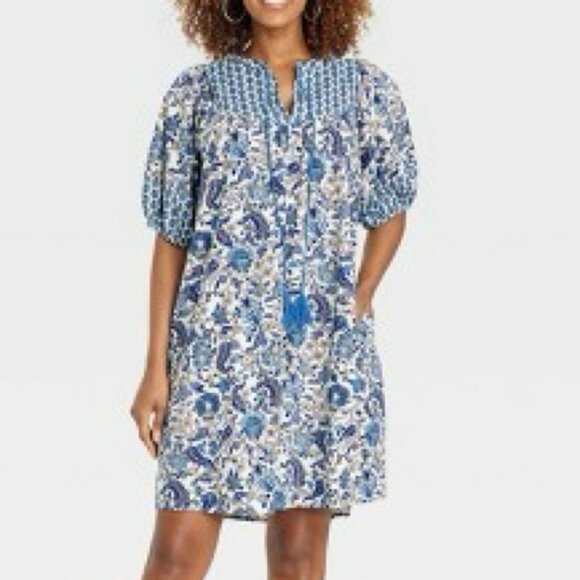 Retro Puff Sleeve Blue Bohemian Floral Tassel Tie Dress - Picture 2 of 16